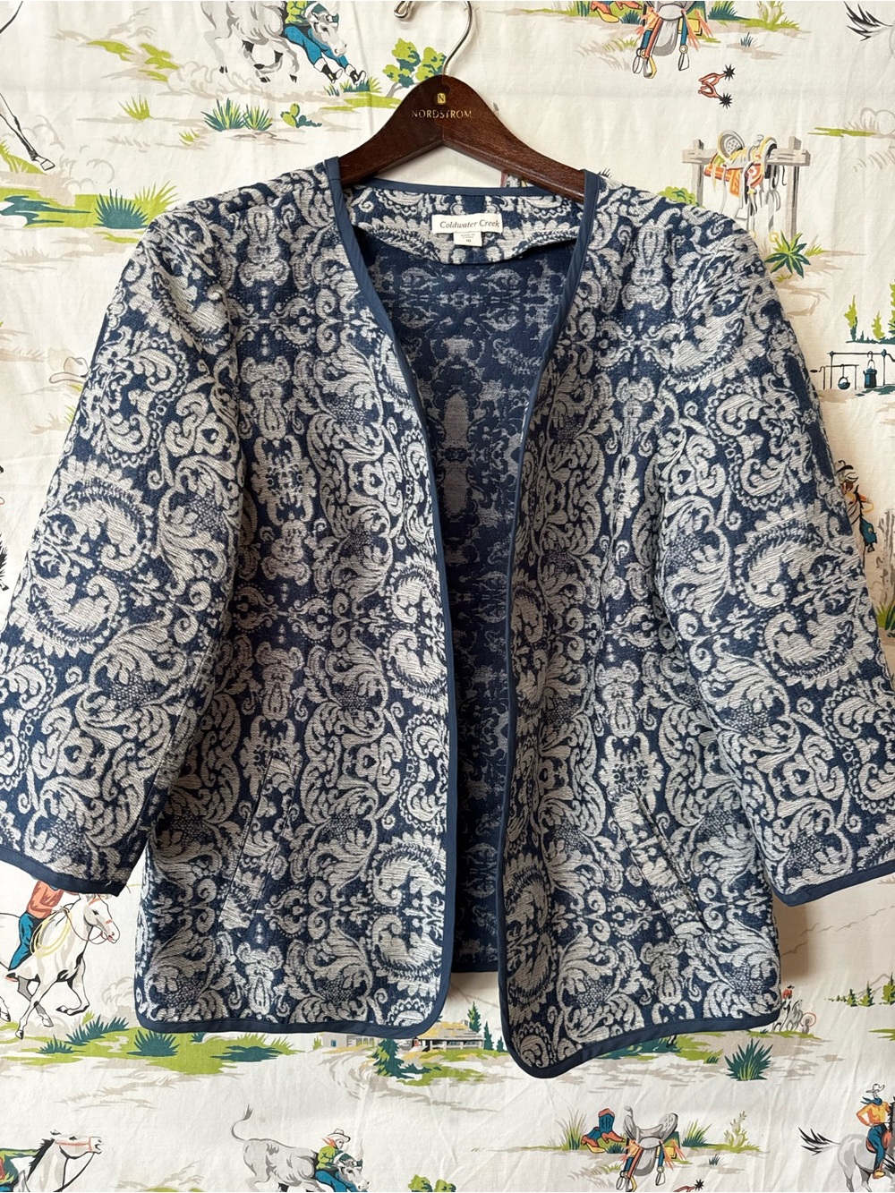 Coldwater Creek Navy & White Paisley Open Front Jacket